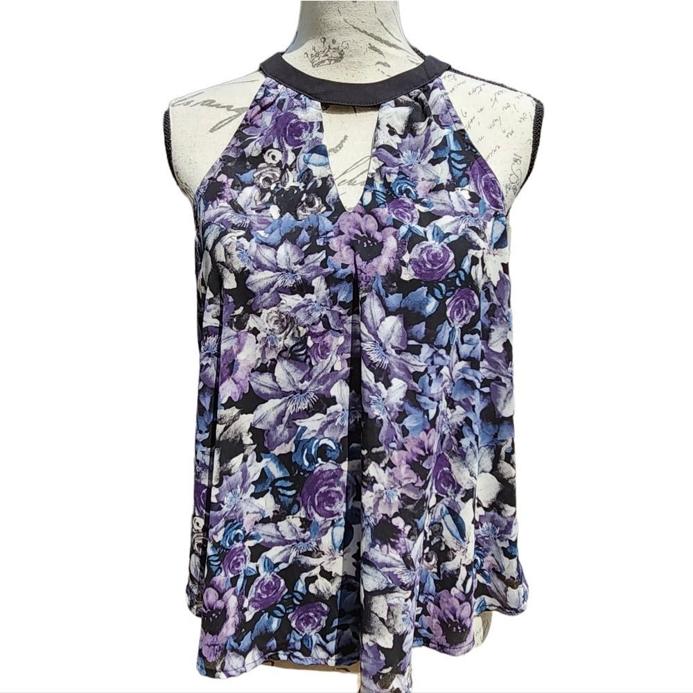 Astr -214 High neck floral sleeveless blouse grey purple Y2K Medium - Picture 1 of 8